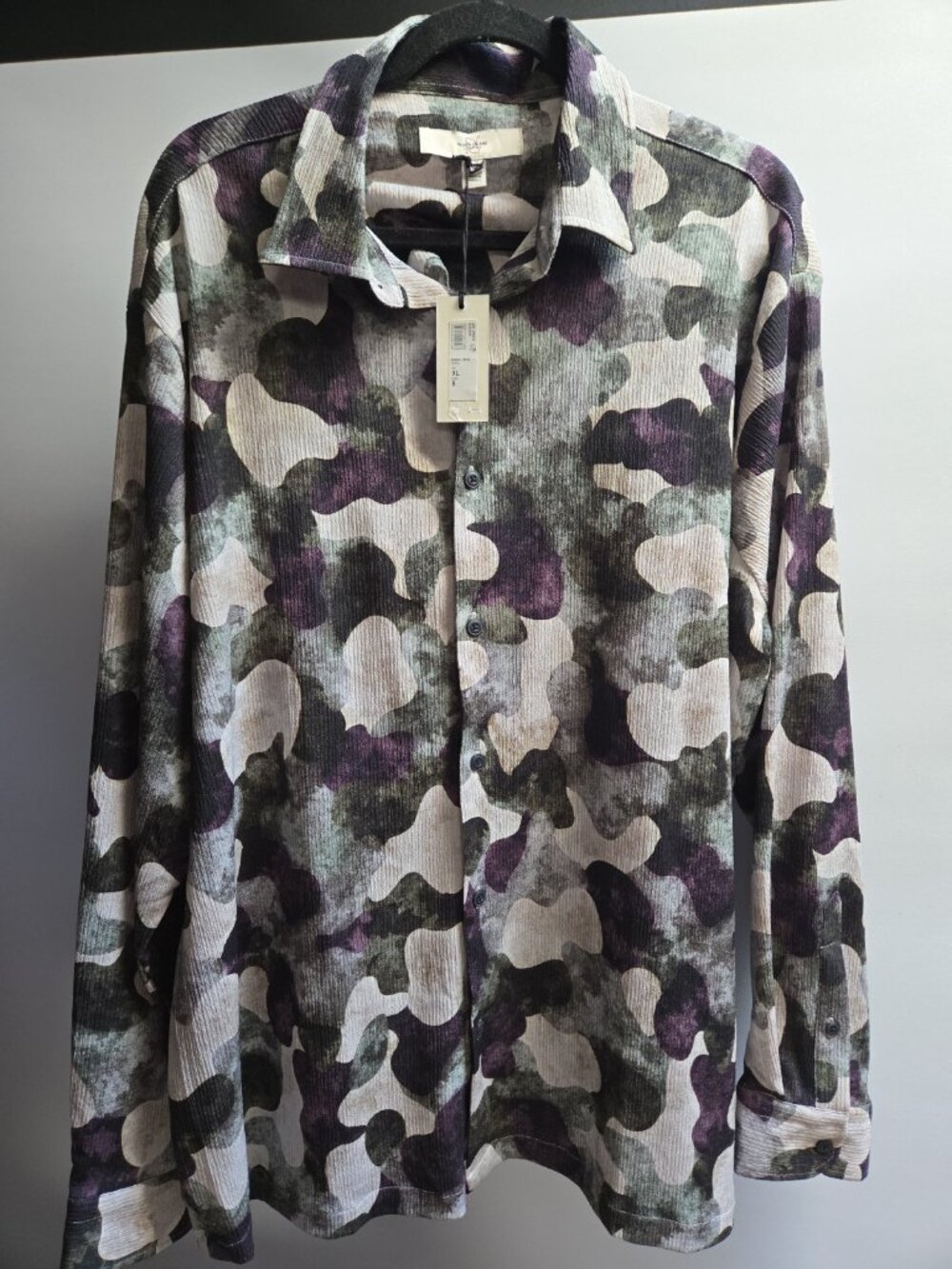 River Island Shirt Mens Size XL Purple Green Long Sleeve Camo Pattern Shirt NWT
